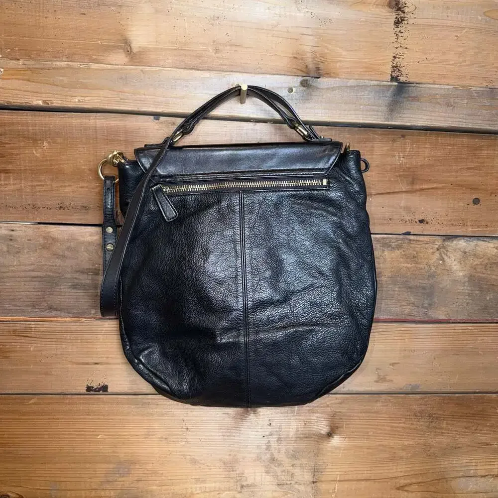 J. Crew Brompton Hobo Flap Bag Purse Satchel Black Pebbled Leather Large